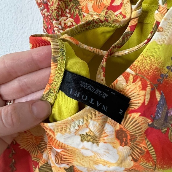 Natori Green Orange Asian Floral Lace Up One Piece Swimsuit - Picture 3 of 5